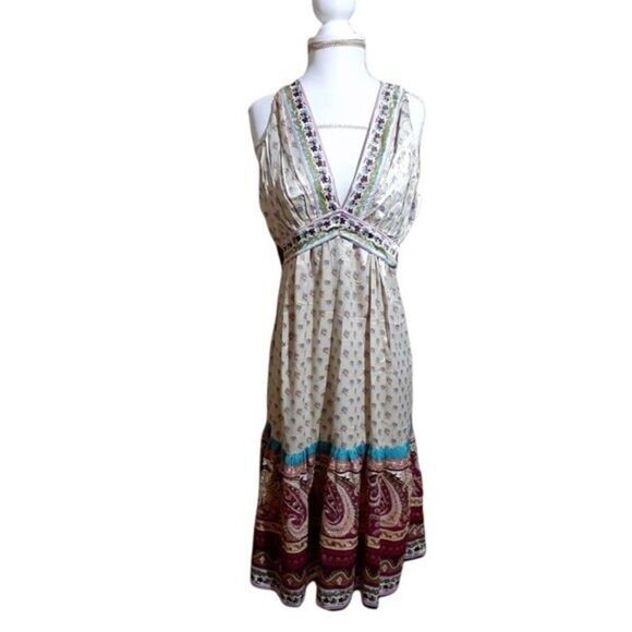MIXIT Women's Empire Floral Paisley Multi Color Tiered Sleeveles Boho Dress Sz 8 - Picture 3 of 8